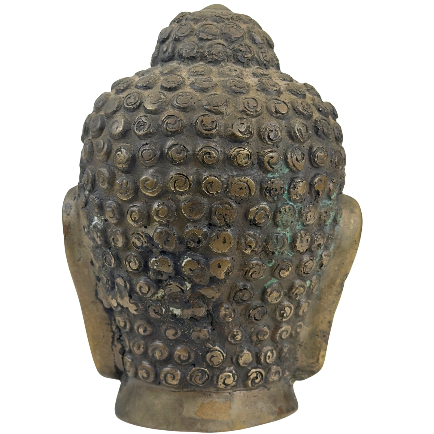 Rear view of the antique Thai Buddha head showing individually modelled hair curls