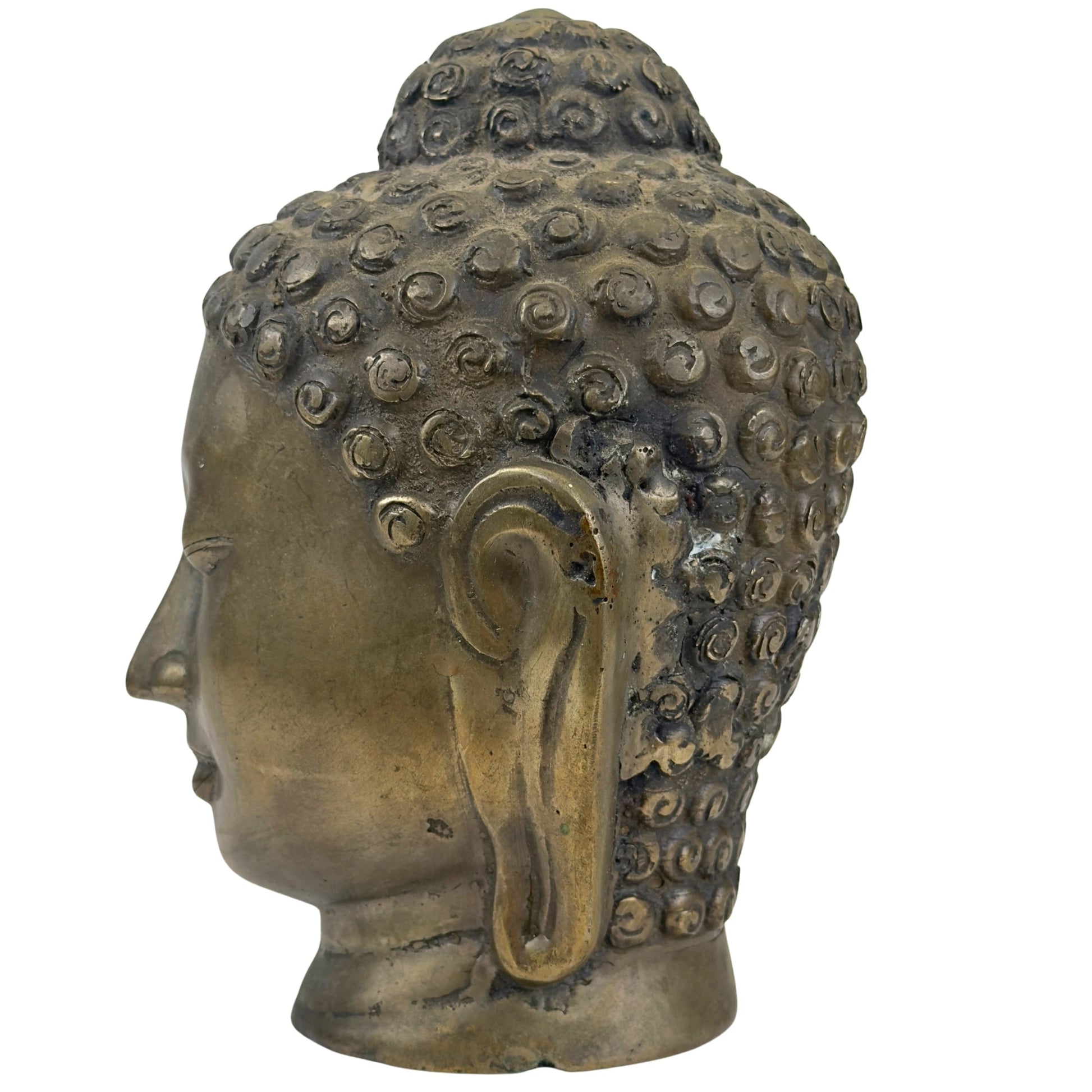 Right profile of the antique Thai bronze Buddha head, ca. 1900