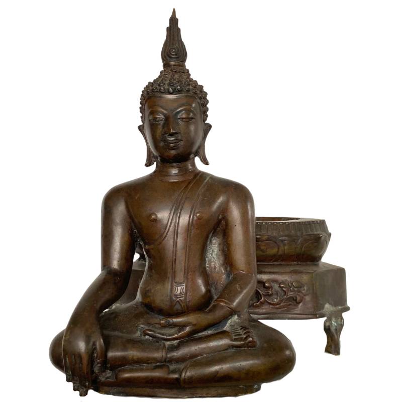 Antique Thai Buddha on Temple Base – Bronze, 19th Century, 52 cm – three-quarter front view