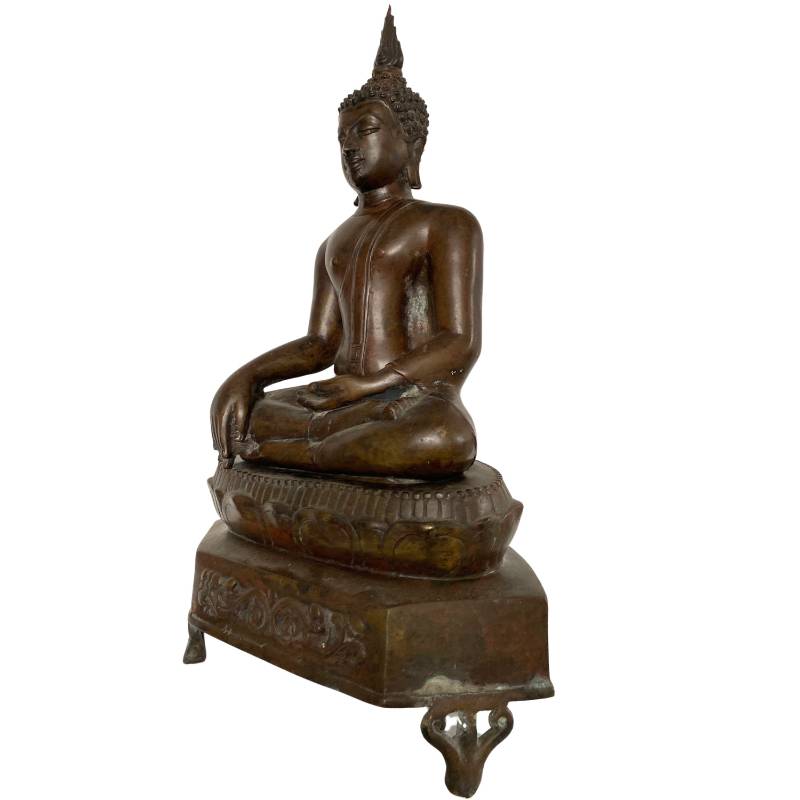 Antique Thai Buddha on Temple Base – Bronze, 19th Century, 52 cm – left-side view