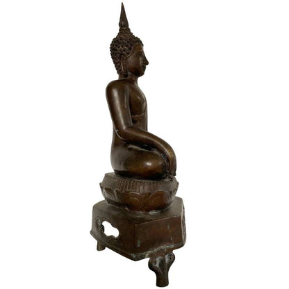 Antique Thai Buddha on Temple Base – Bronze, 19th Century, 52 cm – opposite three-quarter front view