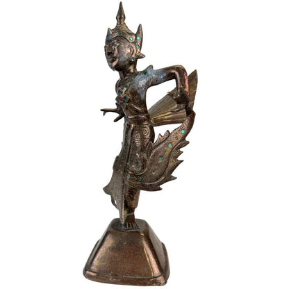 Antique Thai Kinnara – Gilt Bronze with Inlaid Eyes, 22 cm – opposite three-quarter front view