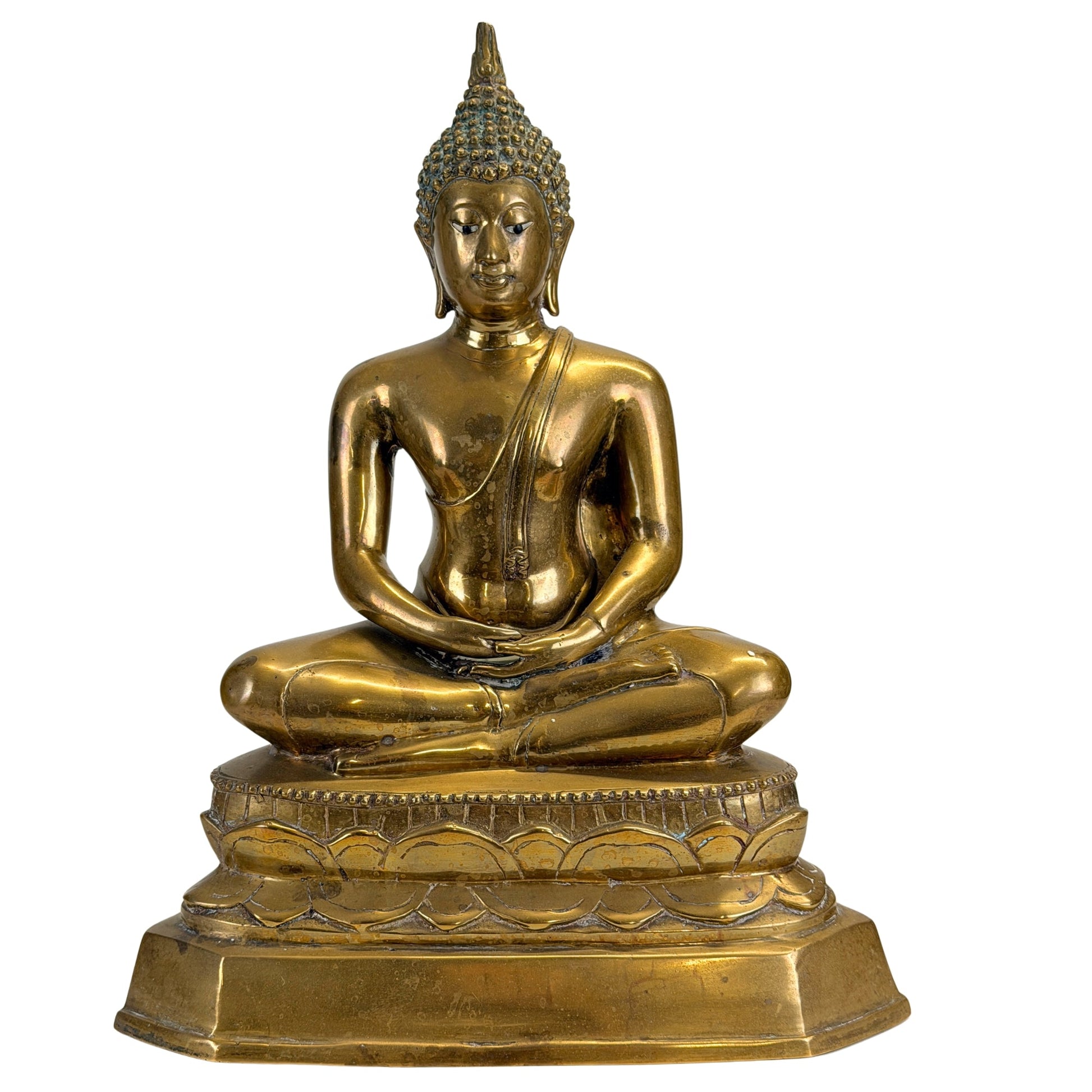Antique 19th-century Thai Shakyamuni Buddha with inlaid eyes, front view