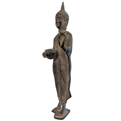 Antique Thai Standing Buddha with Alms Bowl – Bronze, 29 cm – close view of the upper section