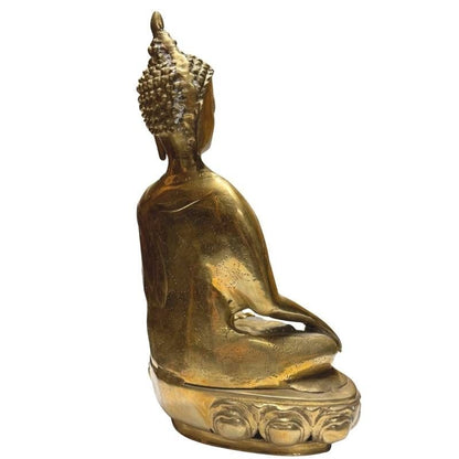 Antique Tibetan gilt bronze Buddha, rear-left view with worn gilded surface