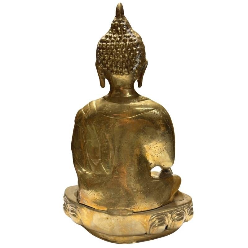 Antique Tibetan gilt bronze Buddha, rear view of robe and lotus base