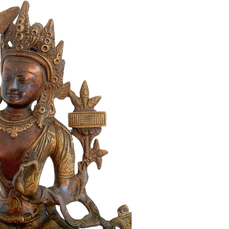 Antique Tibetan Manjushri – Bronze with Gilt Traces, 32 cm – close view of the central details