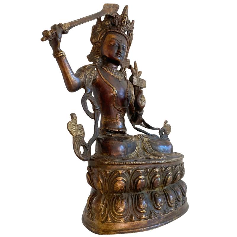 Antique Tibetan Manjushri – Bronze with Gilt Traces, 32 cm – three-quarter front view
