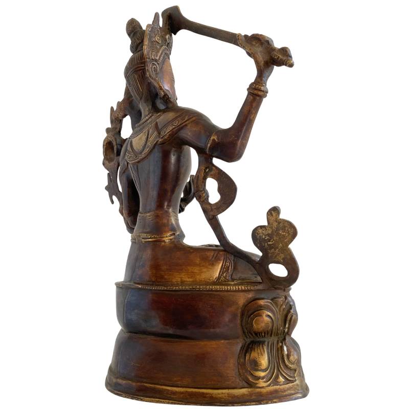 Antique Tibetan Manjushri – Bronze with Gilt Traces, 32 cm – left three-quarter rear view