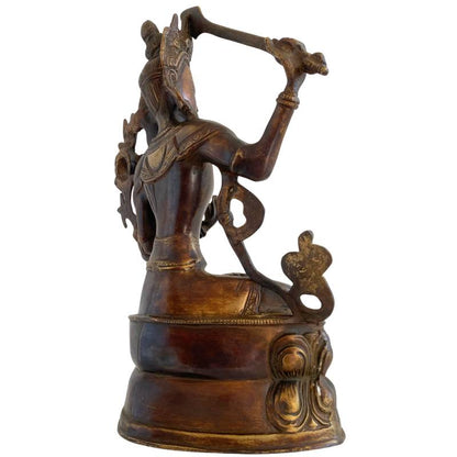Antique Tibetan Manjushri – Bronze with Gilt Traces, 32 cm – left three-quarter rear view