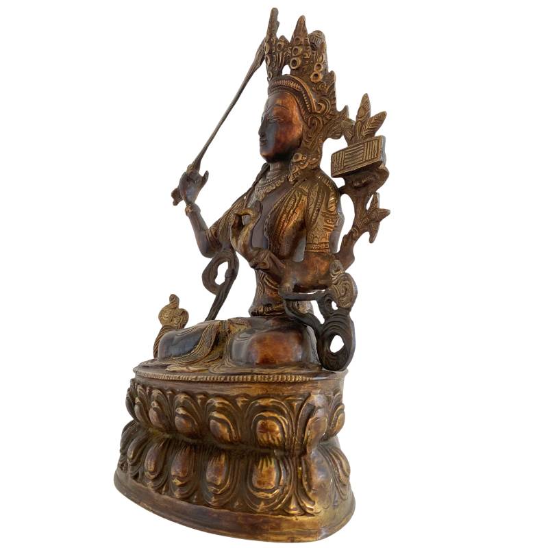 Antique Tibetan Manjushri – Bronze with Gilt Traces, 32 cm – opposite three-quarter front view