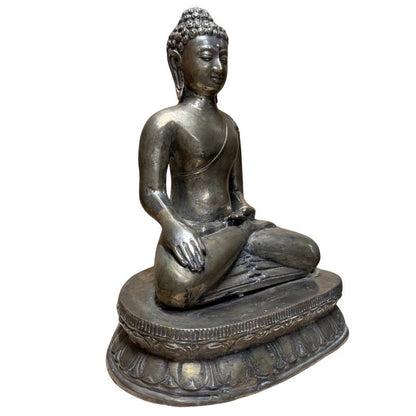 Antique Western Himalayan Shakyamuni – Silvered Brass, 29 cm – three-quarter front view