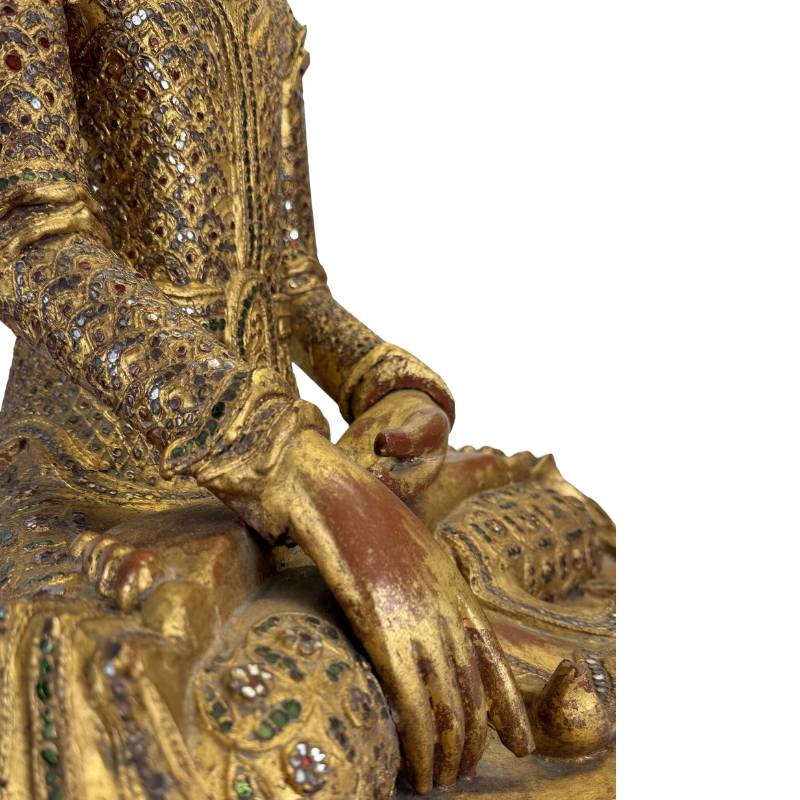 authentieke houten boeddha verguld met glas inleg detail afwerking