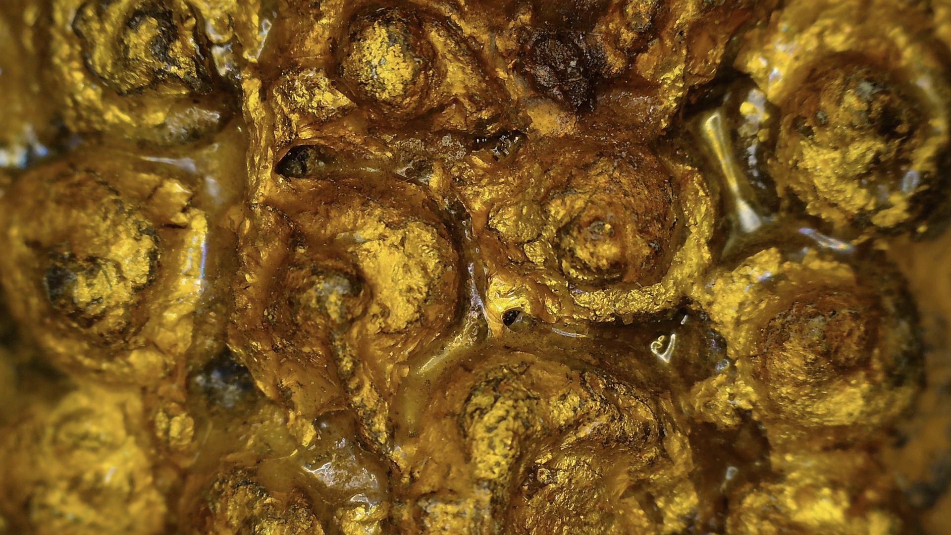 Macro detail of the aged gilded surface and brown lacquer layer on the Ayutthaya Buddha, view 02