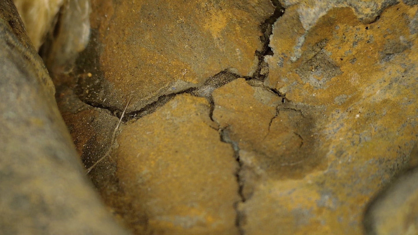 Microscopic-style surface view of lacquer, patina and gilt traces on the Ayutthaya Buddha, detail 06