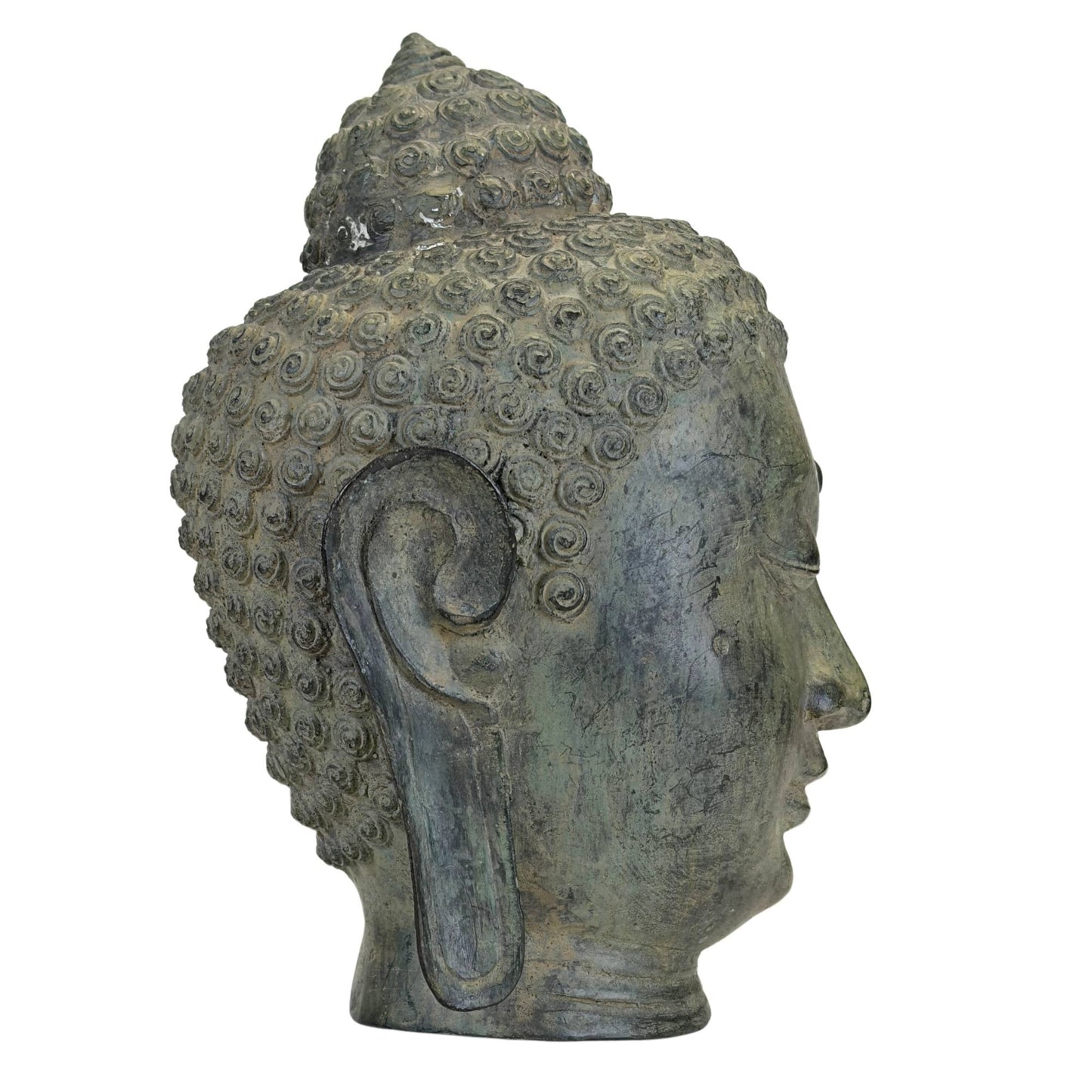 Aziatisch Boeddha hoofd van brons met natuurlijke groen-grijze patina