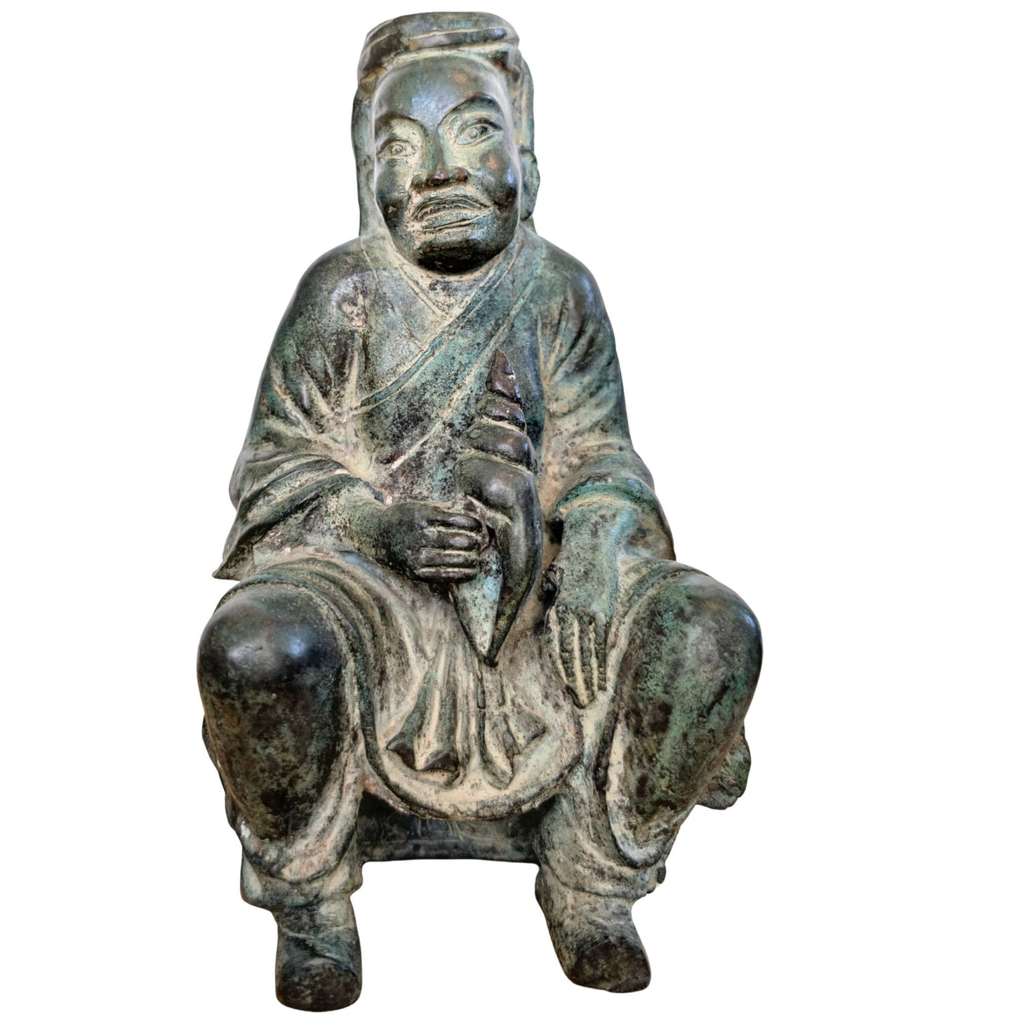 Antiek bronzen beeld voor bescherming en welvaart met schelphoorn