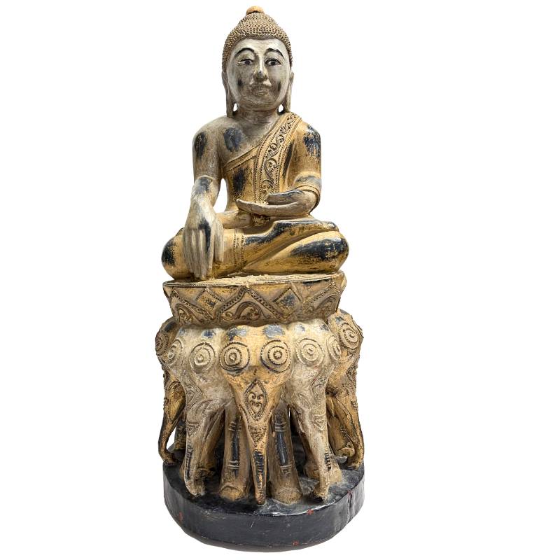 birmees houten boeddhabeeld met olifantenbasis in mandalay stijl
