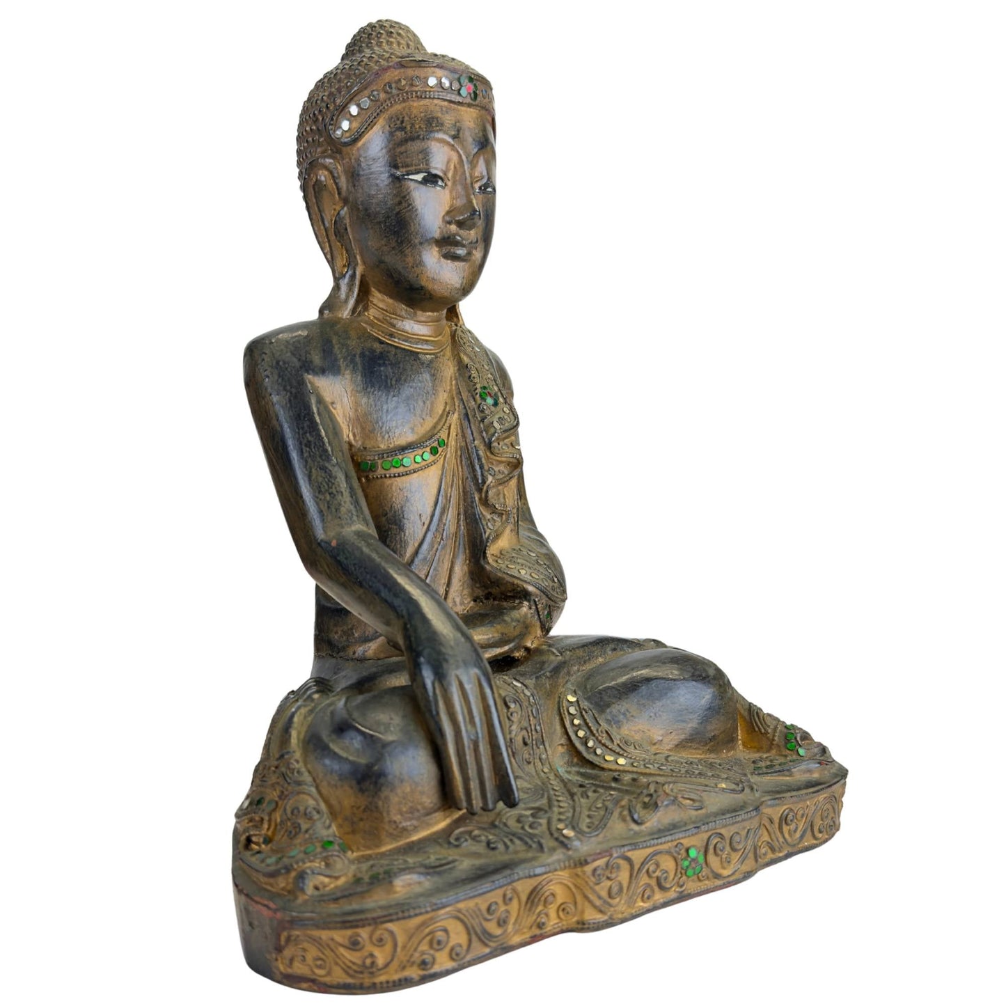 Birmese Boeddha met traditionele glasinleg en donkere patina