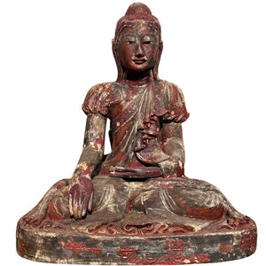 Antiek Houten Boeddhabeeld uit Birma – Grote Mandalay Boeddha met Spiegelinleg