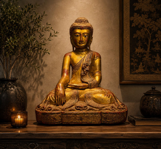 Boeddha beeld uit Birma met ingelegde ogen en serene gezichtsuitdrukking