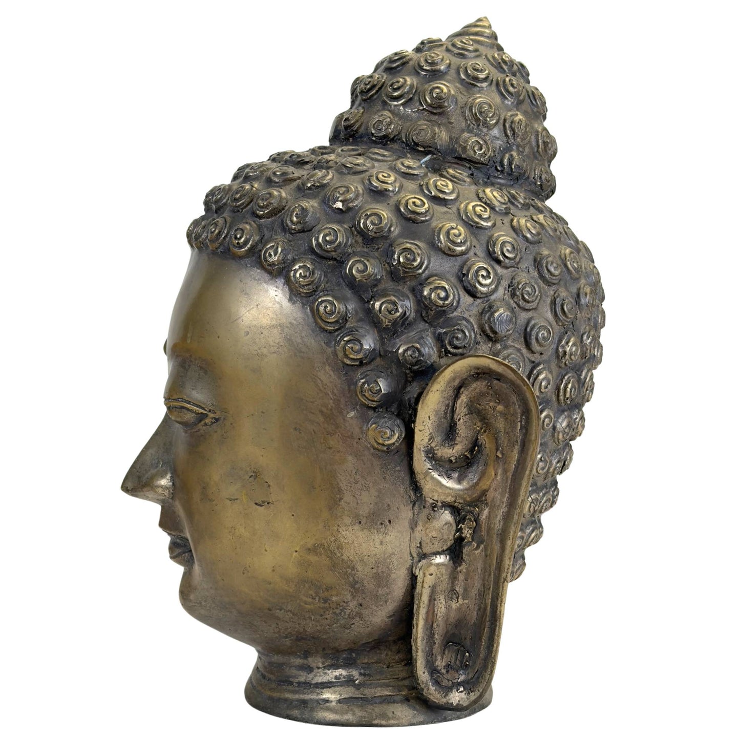 Bronzen Boeddha hoofd met goudbruine patina en donkere accenten