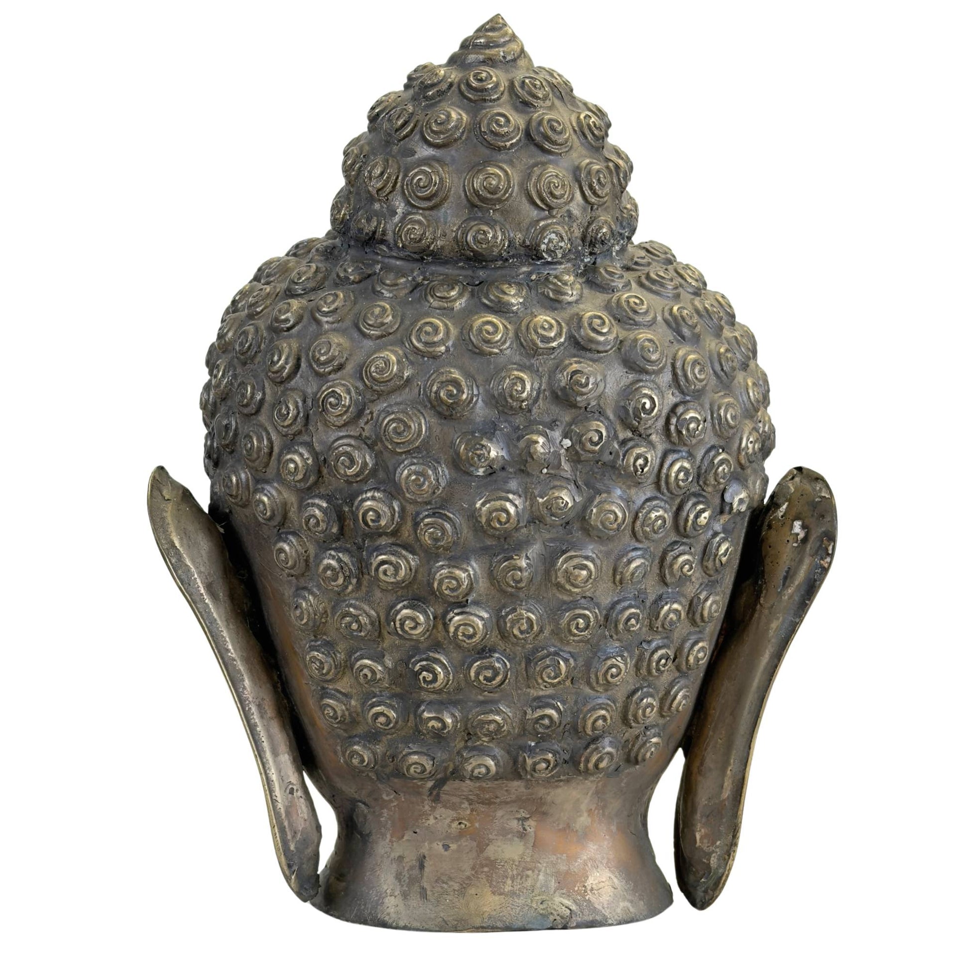 Detail van spiraalvormige haarkrullen op een bronzen Boeddha hoofd