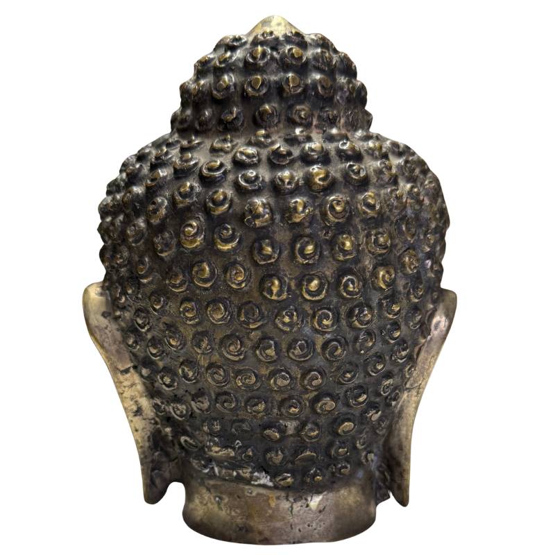 boeddhistisch bronzen hoofd met goudkleur en patina