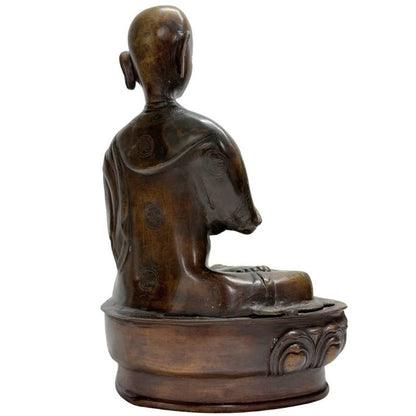 Old Tibetan Lama – Heavy Bronze on Lotus Base, 38 cm – left three-quarter rear view
