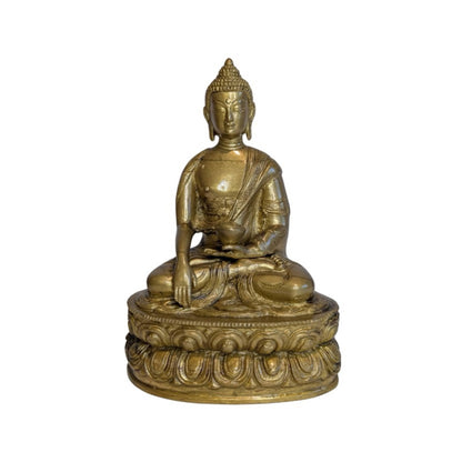 Brass Medicine Buddha seated on a detailed lotus pedestal
