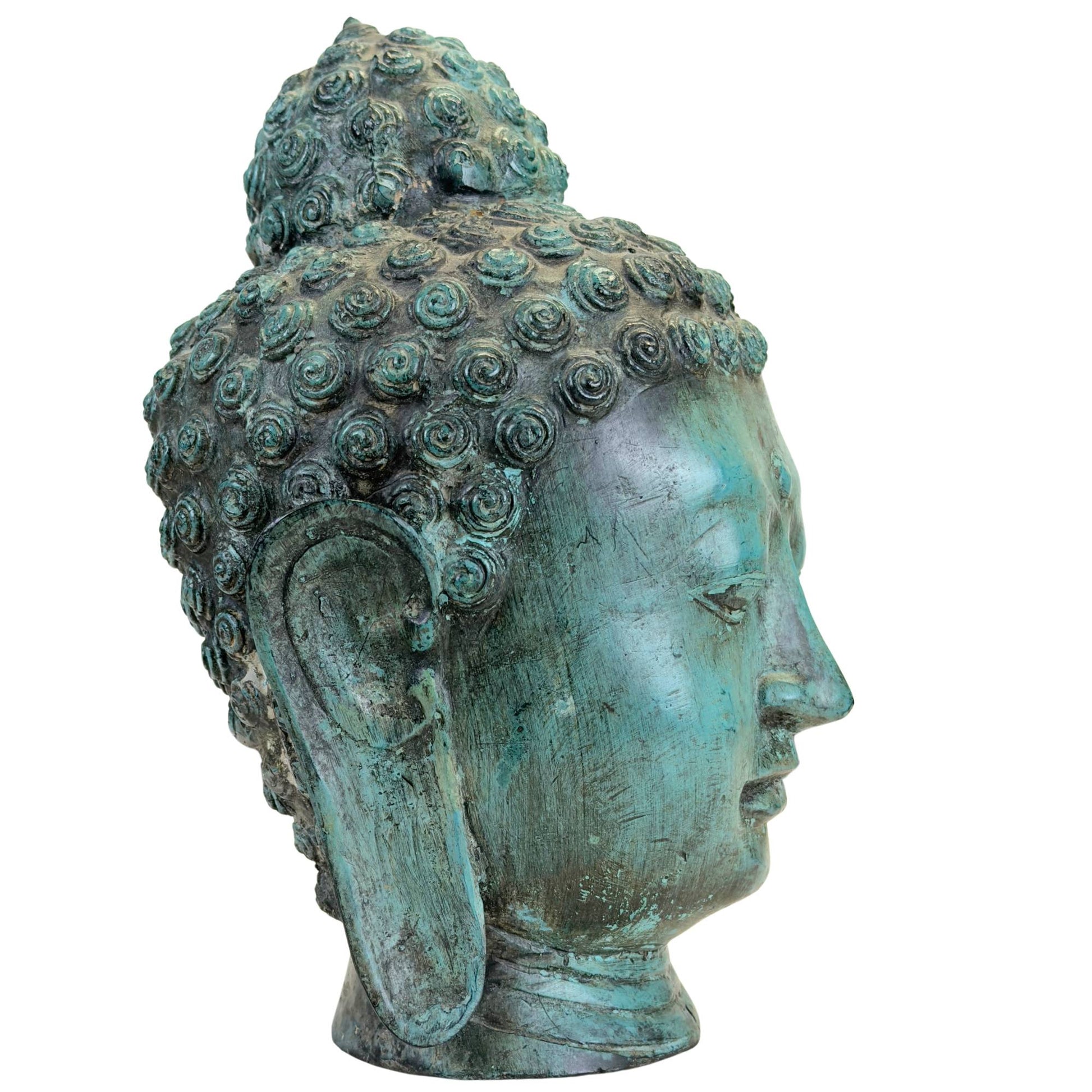 Bronzen Boeddha hoofd met traditionele spiraalvormige haarkrullen