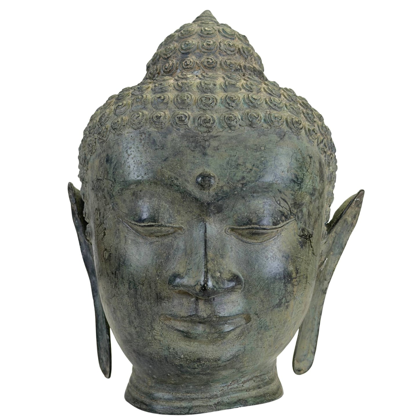 Bronzen Boeddha hoofd in Thaise U Thong stijl met groene verdigris patina