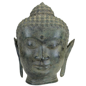 Gepatineerd Bronzen Boeddha Hoofd in U Thong Stijl – Thaise Kunst 27 cm