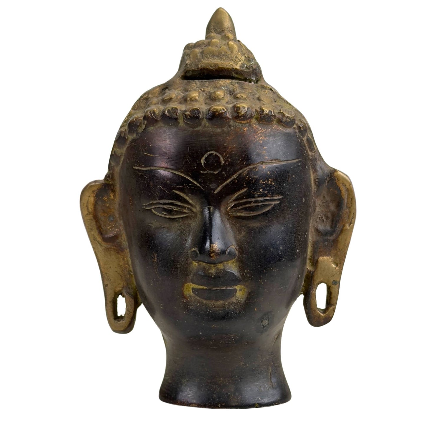 Bronzen Boeddhahoofd met hoge ushnisha en donkere patina