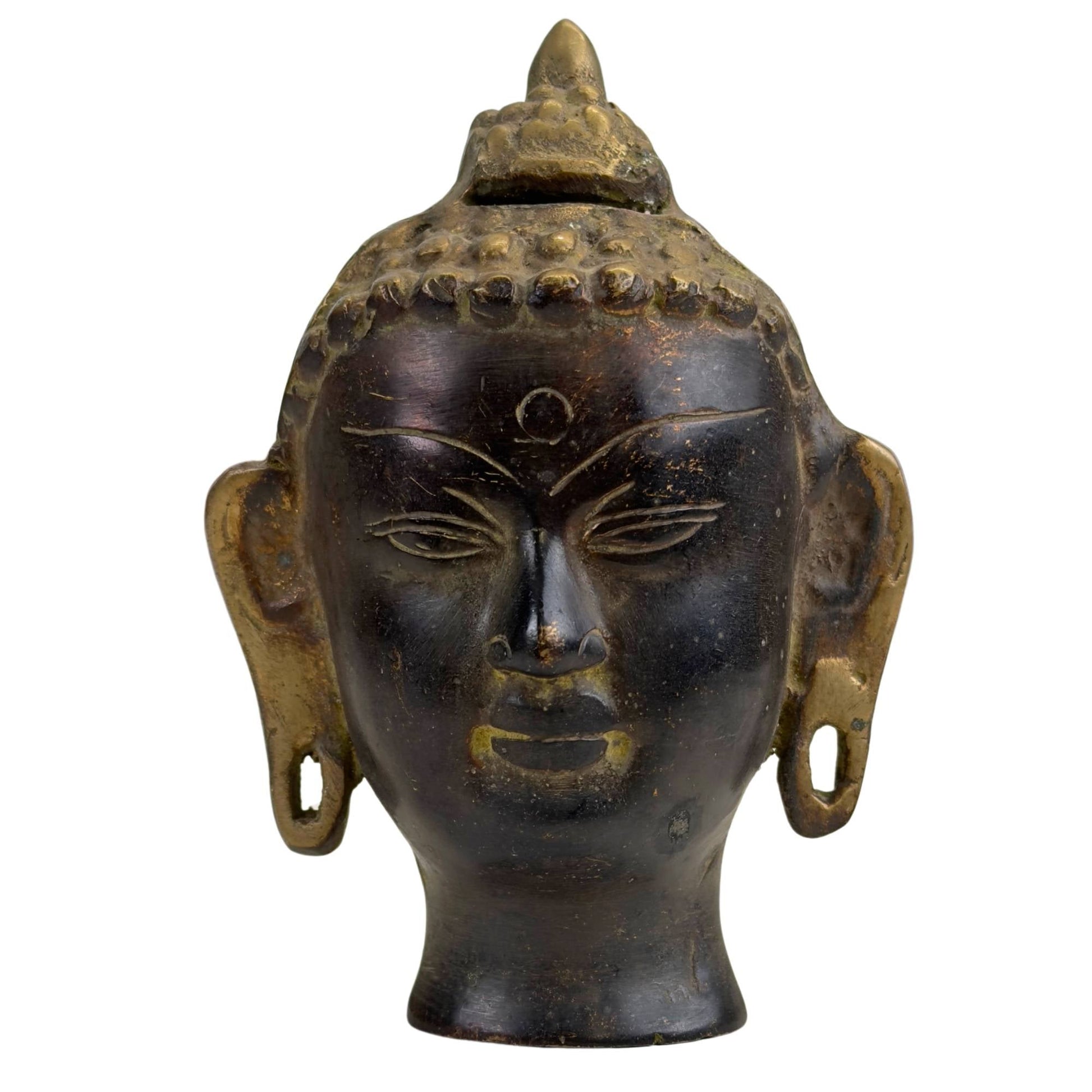Bronzen Boeddhahoofd met hoge ushnisha en donkere patina