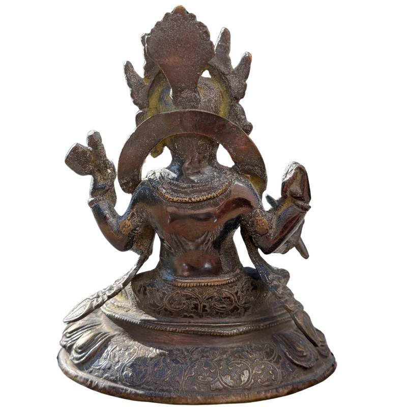 achterkant-details	Achteraanzicht van het bronzen Ganesha beeld met zichtbare details van de kroon en troon.
