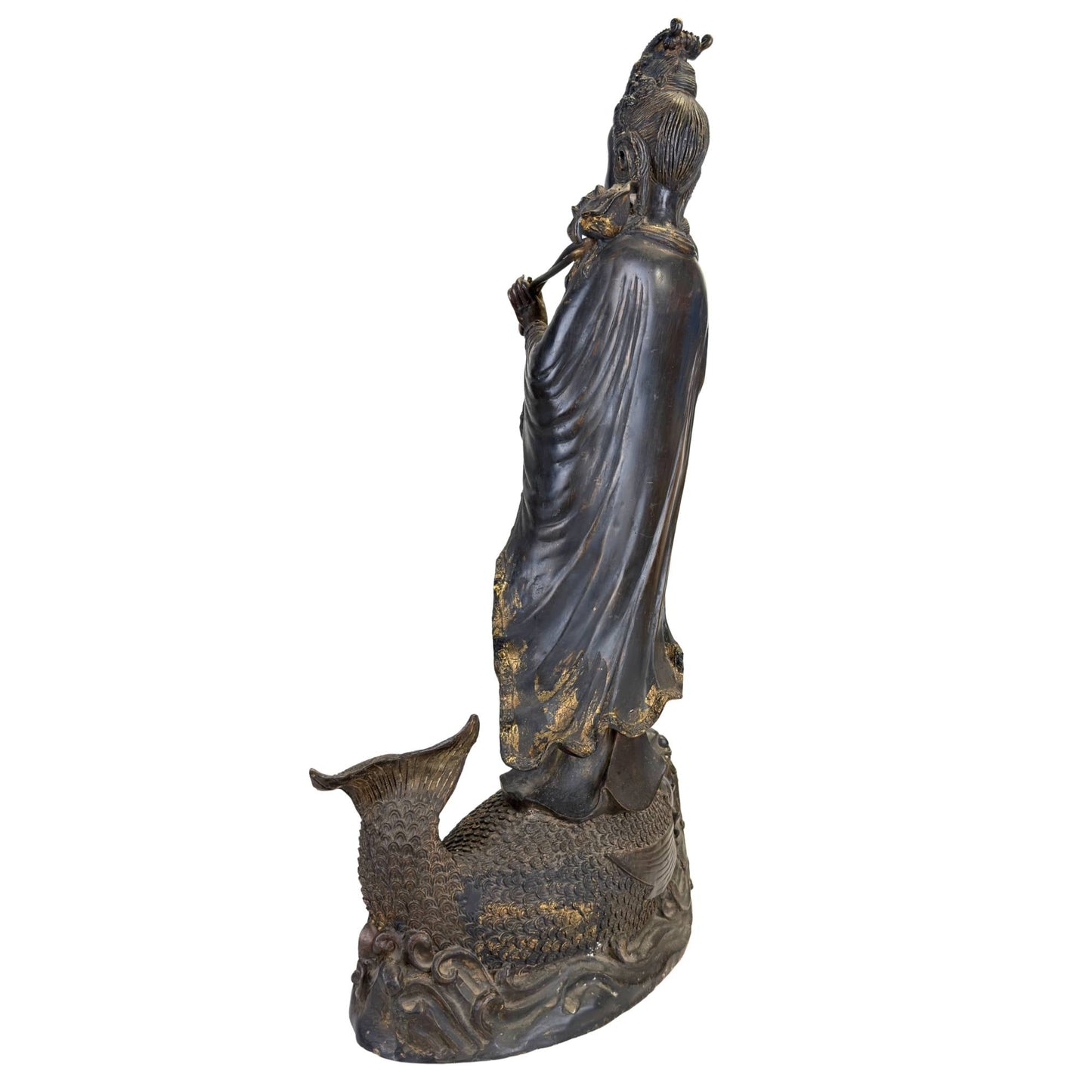 Bronzen Guanyin beeld van 64 cm op draakvis-basis met krachtige spirituele uitstraling