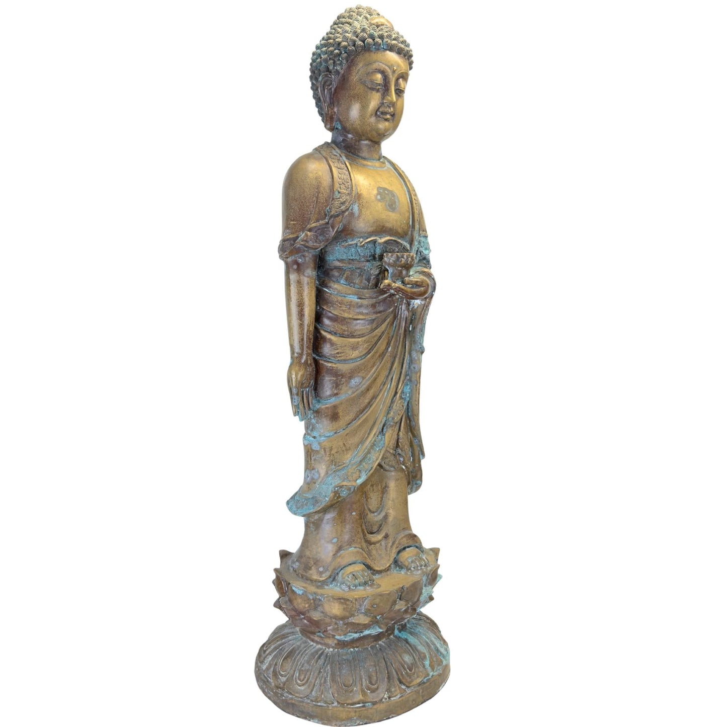 Linkerzijde van een staande bronzen Medicijnboeddha met natuurlijke koperpatina.