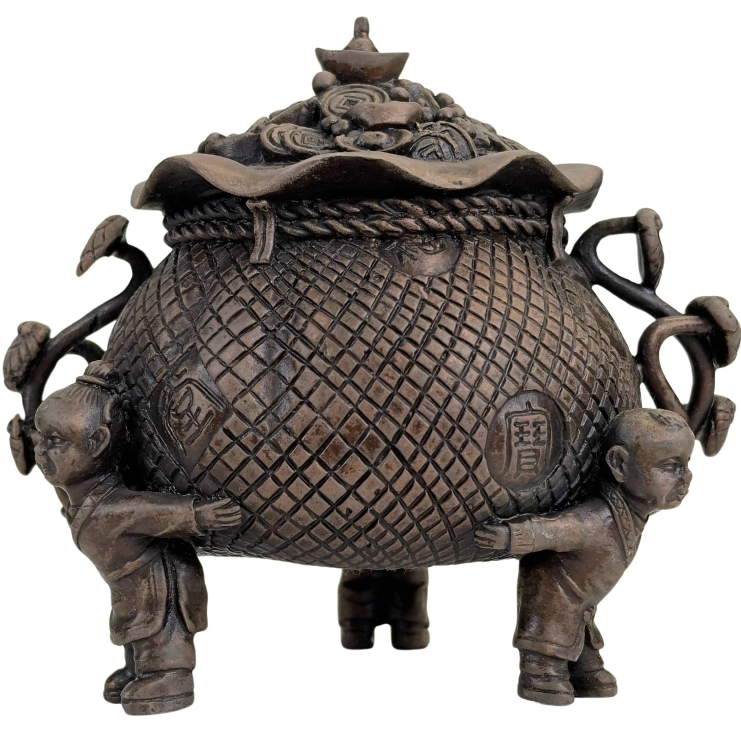Bronzen schatpot met Fu symbool en dragende kinderen