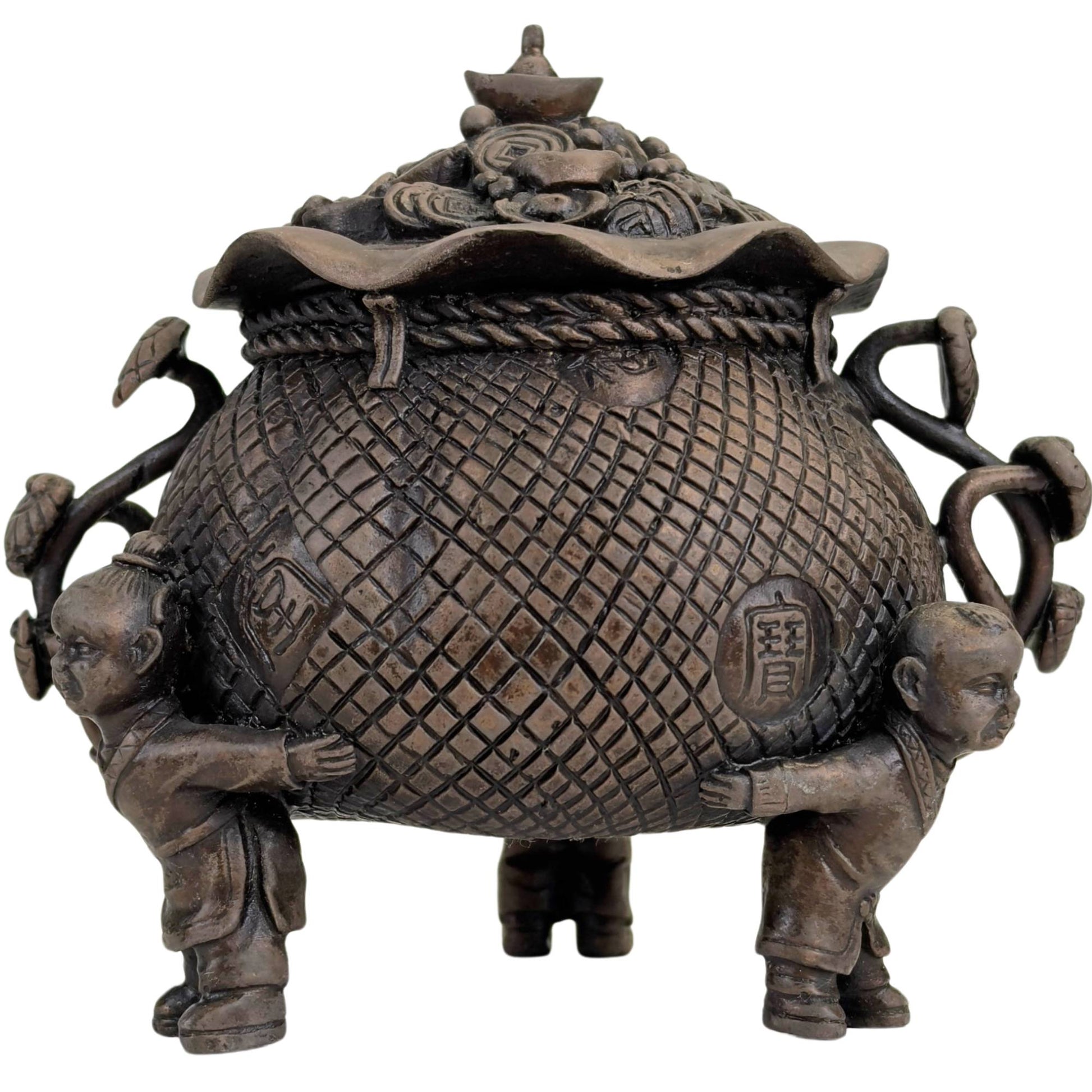 Bronzen schatpot met Fu symbool en dragende kinderen