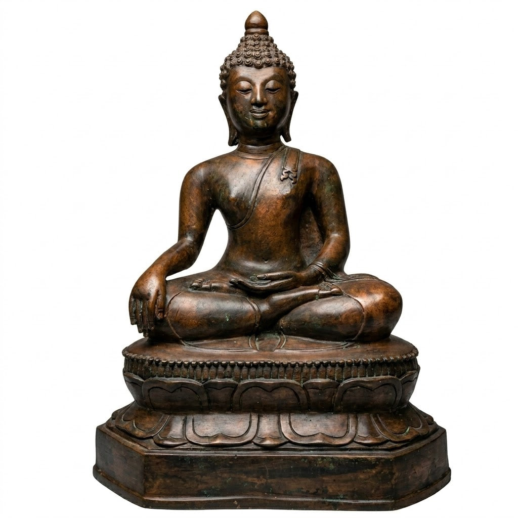 Vooraanzicht van een groot bronzen Thais Buddha beeld in Bhumisparsha mudra.