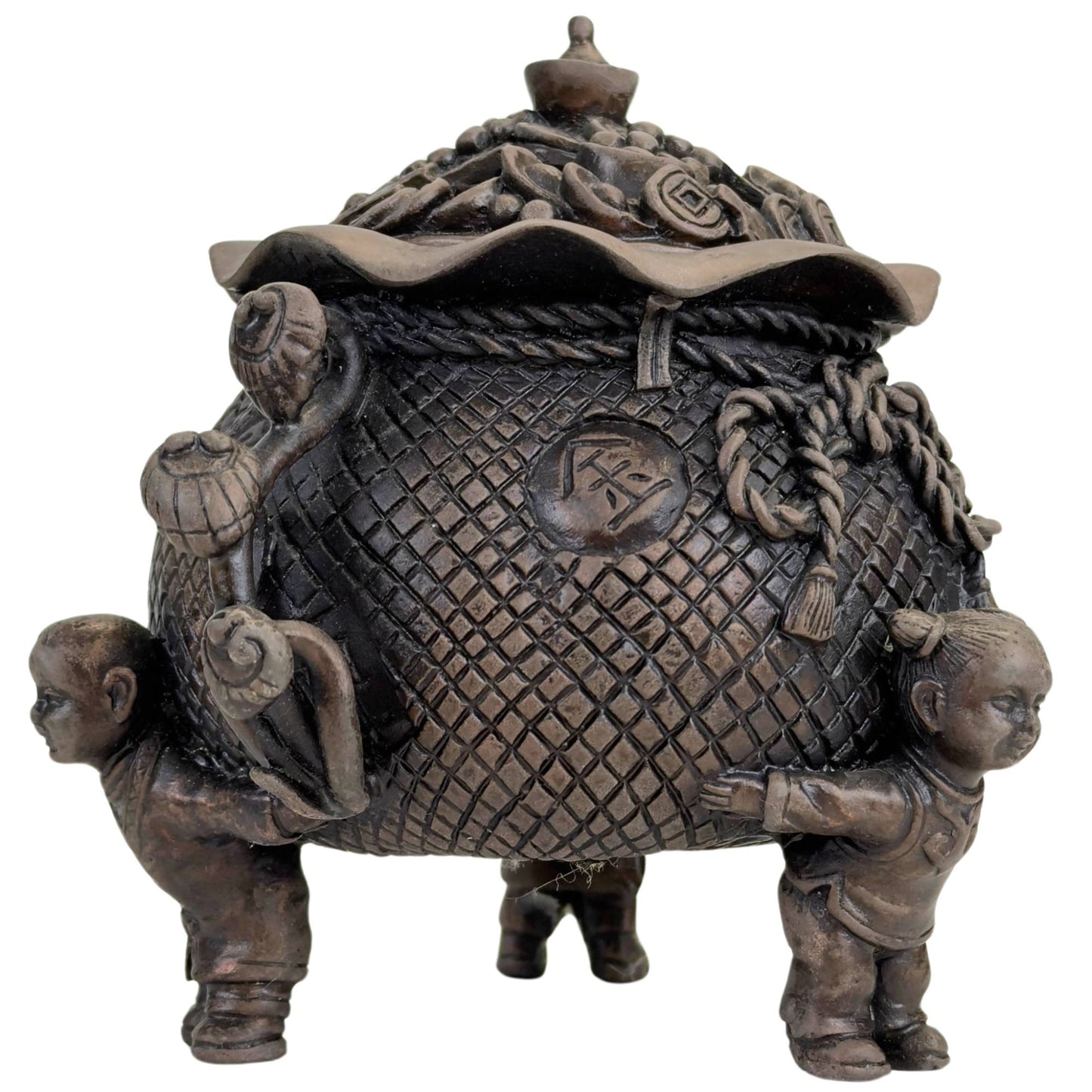 Bronzen wealth pot met gevlochten structuur en Feng Shui symboliek