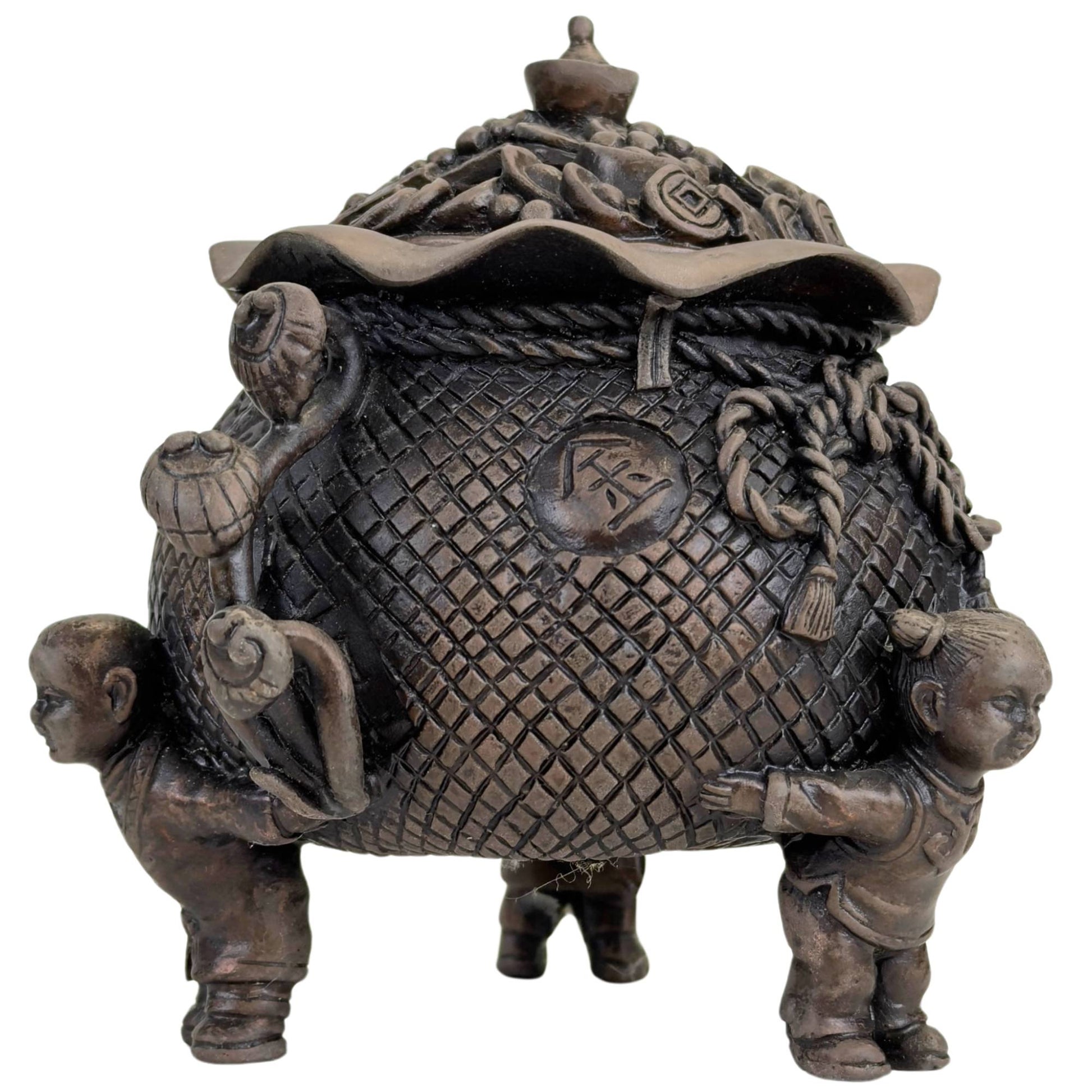 Bronzen wealth pot met gevlochten structuur en Feng Shui symboliek