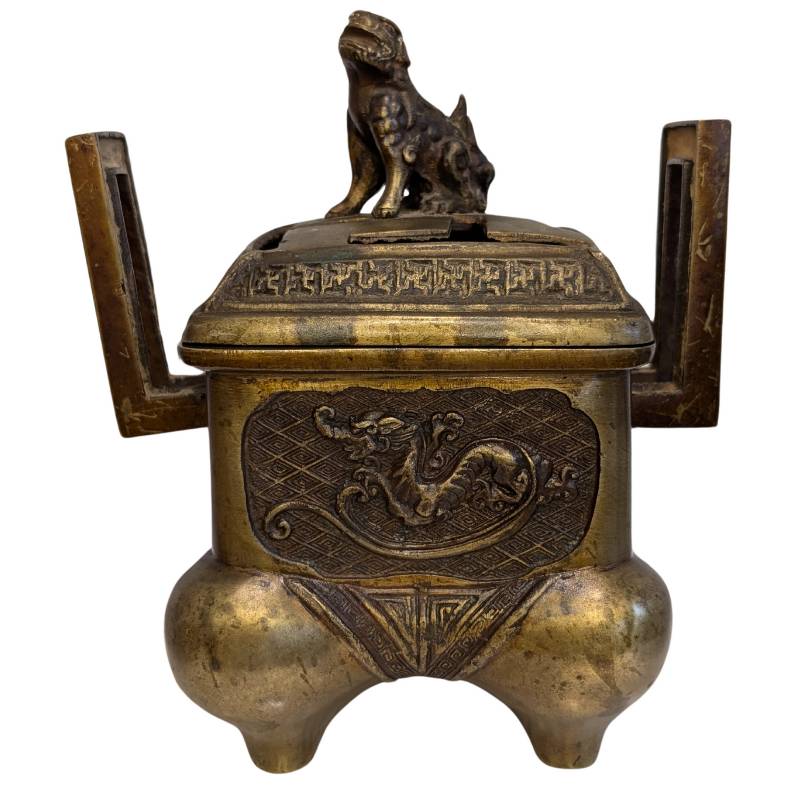 Bronzen wierookbrander met draak en foo-hond uit China 19e eeuw