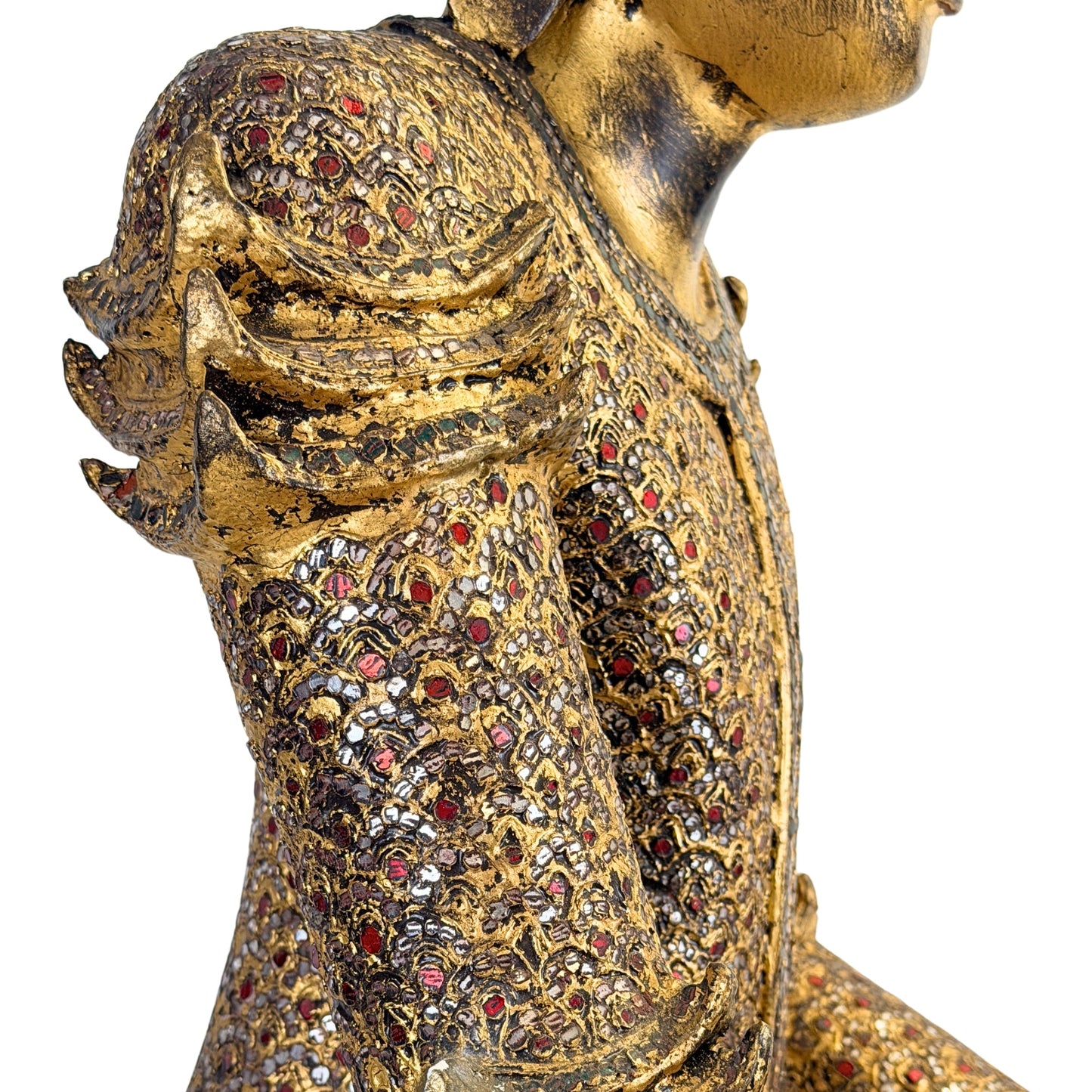 Traditional thit-si lacquer surface on the antique Burmese Buddha