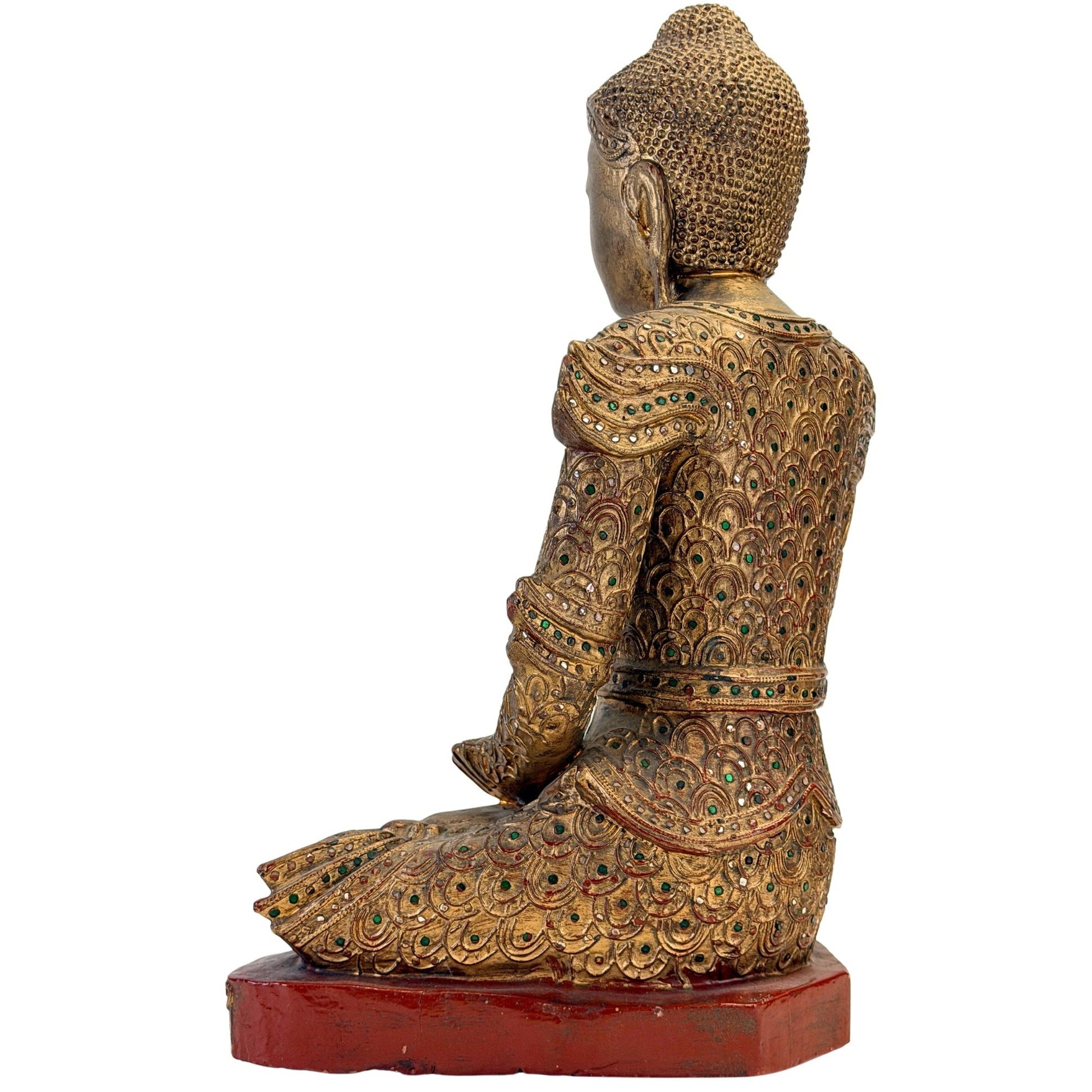 Rear left three-quarter view of the antique Burmese Jambupati Buddha