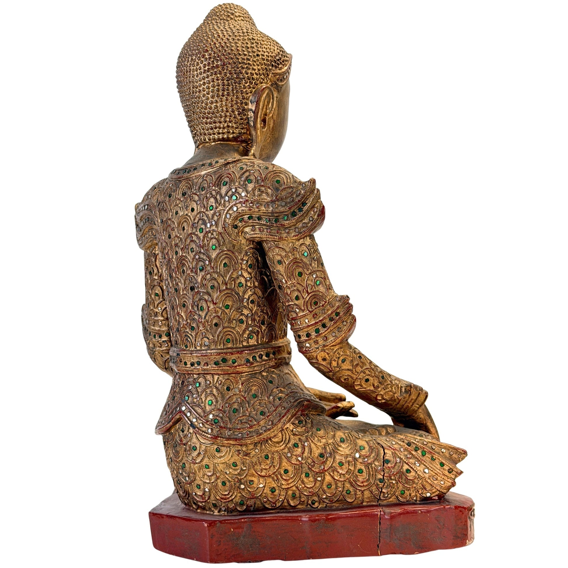 Rear right three-quarter view of the antique Burmese Jambupati Buddha