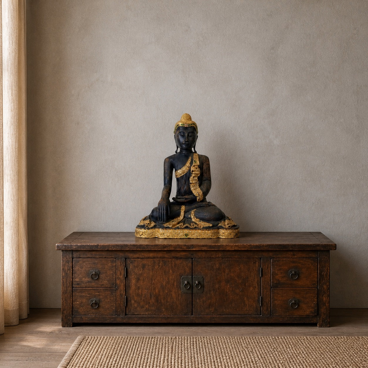 Antique Burmese Mandalay Buddha, 50.5 cm high, shown for interior scale