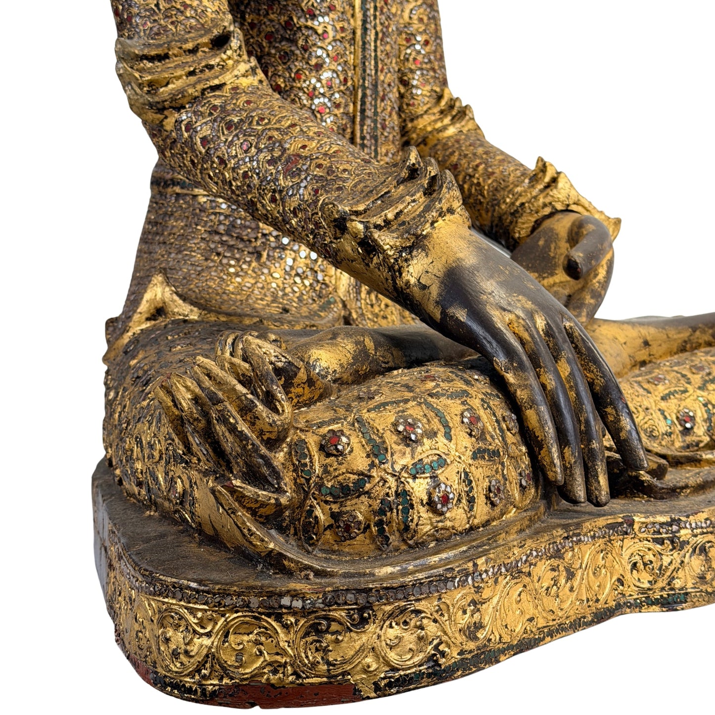 Hand-carved teak construction of the antique Burmese Mandalay Buddha