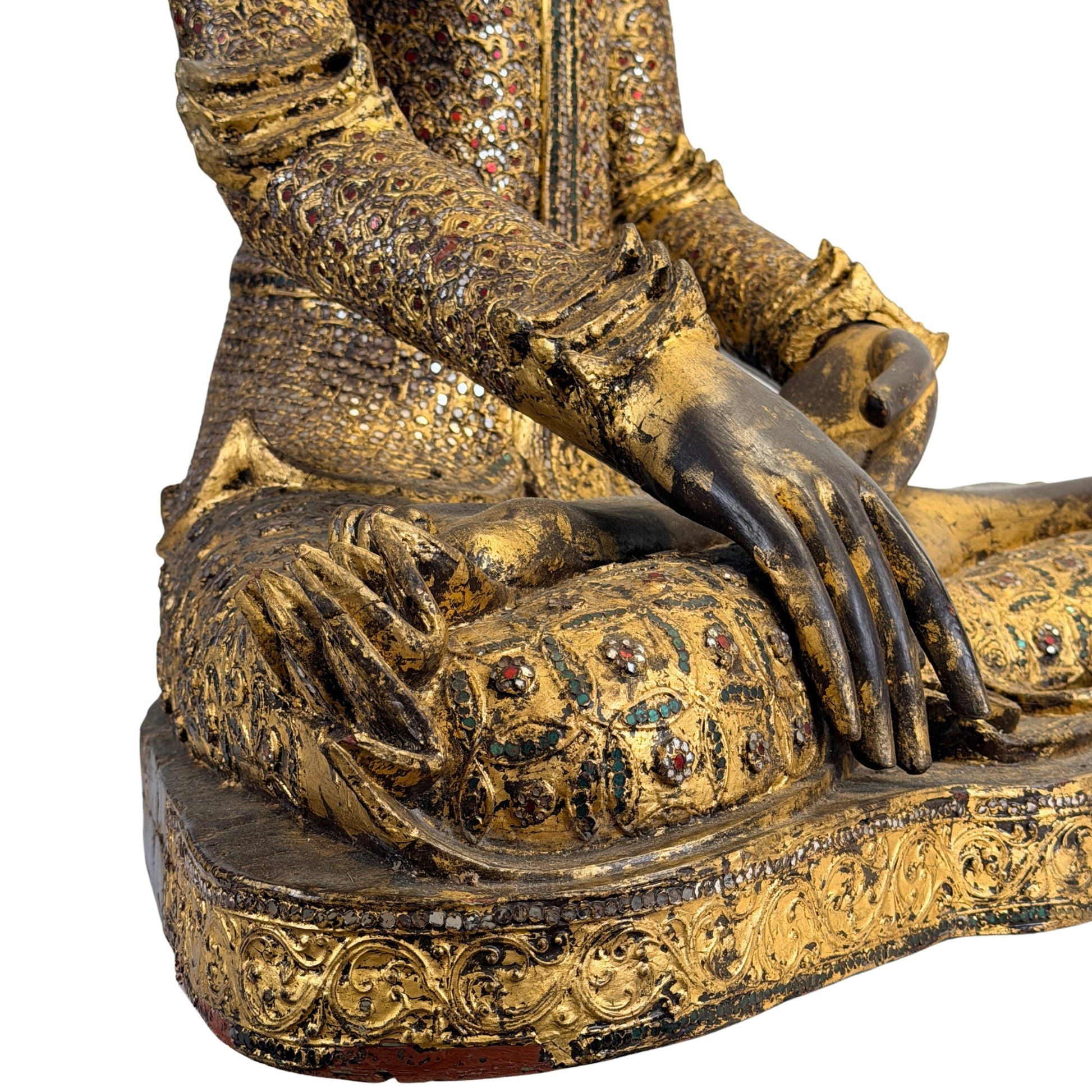 Hand-carved teak construction of the antique Burmese Mandalay Buddha